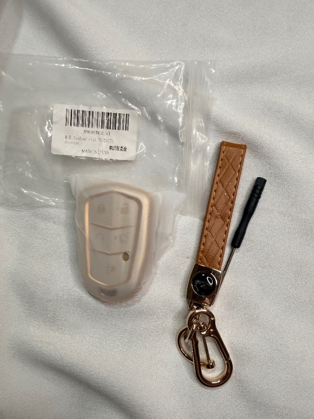 Cadillac 5-Button Key Fob Cover Case with Brown Wristlet Keychain